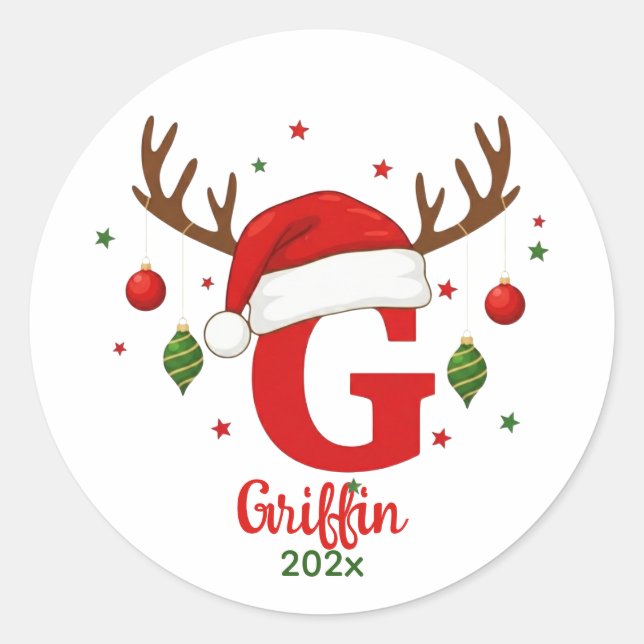 Personalized Christmas Monogram G Santa Hat Classic Round Sticker (Front)