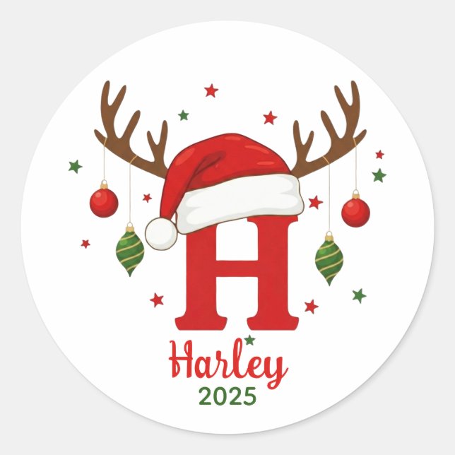 Personalized Christmas Monogram H Santa Hat Classic Round Sticker (Front)