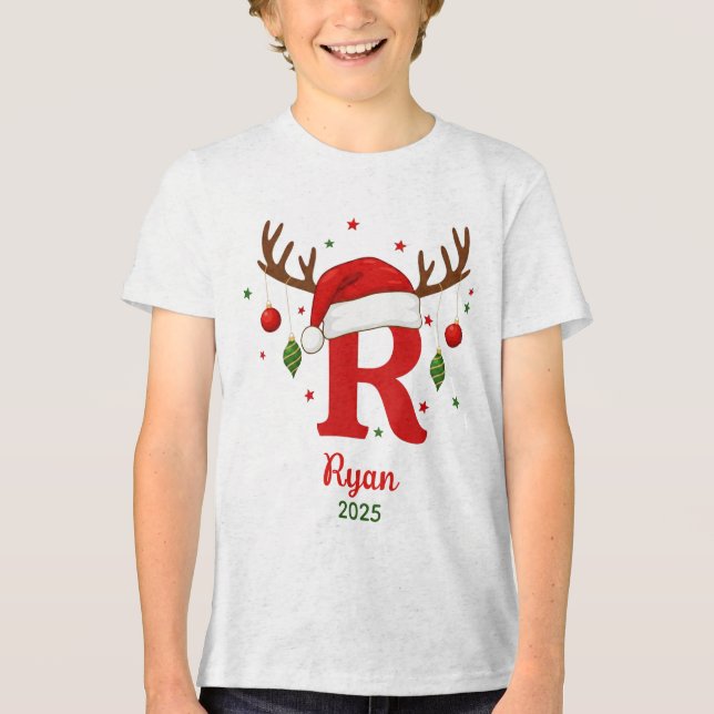 Personalized Christmas Monogram R Santa Hat Tri-Blend Shirt (Front)