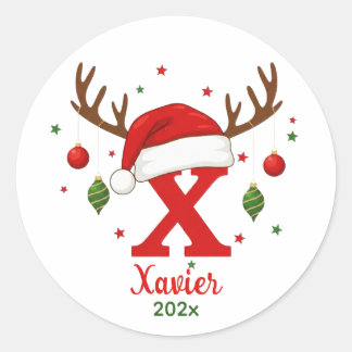 Personalized Christmas Monogram X Santa Hat Classic Round Sticker