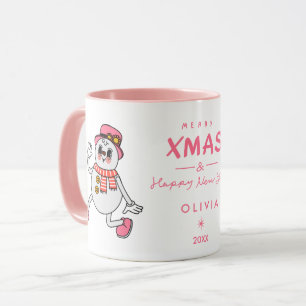 Personalized Christmas Mug   Cute Pink Snowman