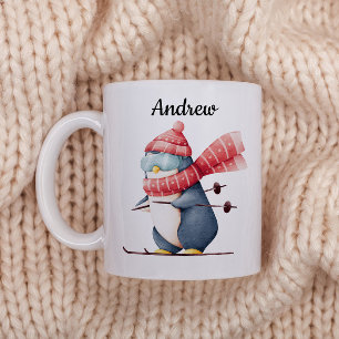 Personalized Christmas Mug With A Skiing Penguin
