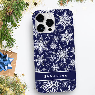 Personalized Christmas Navy Blue White Snowflakes Case-Mate iPhone 14 Pro Max Case