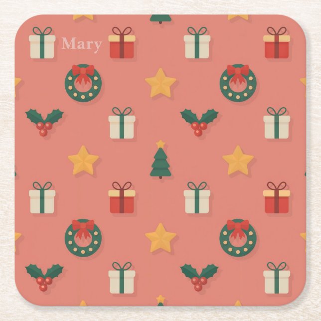Personalized Christmas Pattern Coaster Set (Front)