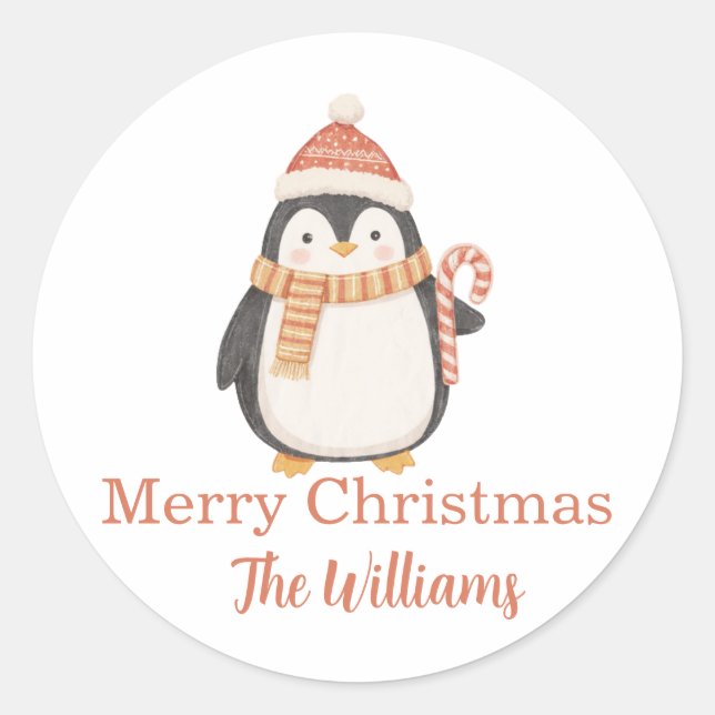 Personalized Christmas penguin  Classic Round Sticker (Front)