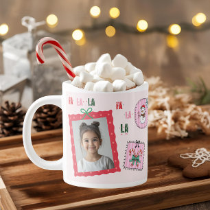 Personalized Christmas Photo   Cute Pink Fa La La Large Coffee Mug