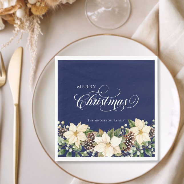 Personalized Christmas Poinsettia blue  Napkin (Creator Uploaded)