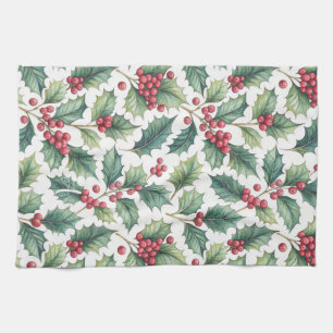 Personalized Christmas poinsettia holly Tea Towel