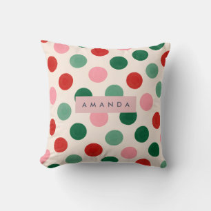 Personalized Christmas Red Green and Pink Polka Cushion