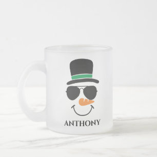 Personalized christmas snowman with custom name frosted glass coffee mug