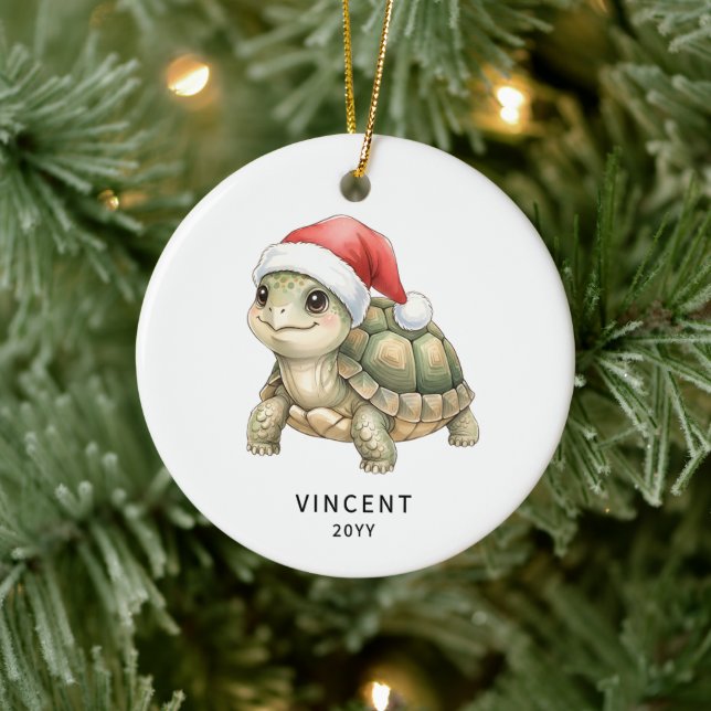 Personalized Christmas Tortoise with Santa Hat Ceramic Tree Decoration (Tree)