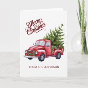Personalized Christmas watercolor Red Truck        Holiday Card