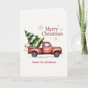 Personalized Christmas watercolor Red Truck Holiday Card
