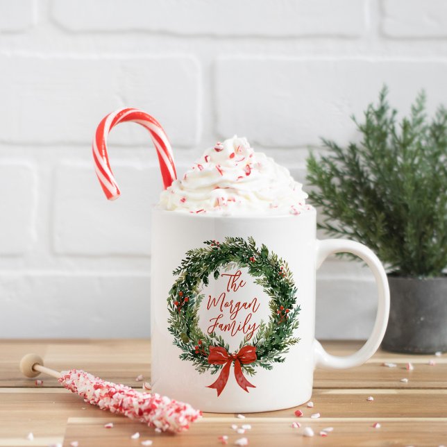 Personalized Christmas Wreath Family Name Holiday Coffee Mug (Creator Uploaded)