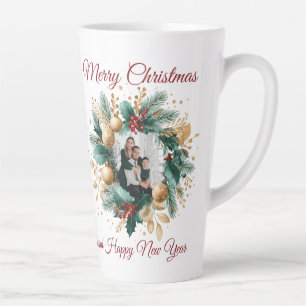 Personalized Christmas Wreath Photo Card Latte Mug