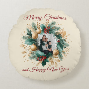 Personalized Christmas Wreath Photo Card Round Cushion