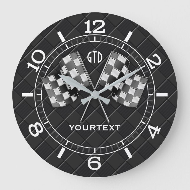 Personalized Chrome Racing Flags on Fine Checkers Large Clock (Front)