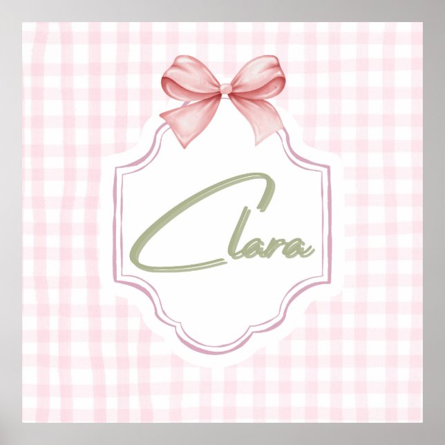 Personalized Clara Baby Girl Nursery Bow&Gingham Poster (Front)