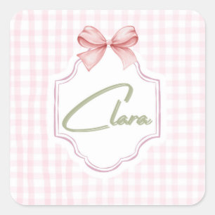 Personalized Clara Baby Girl Nursery Bow&Gingham Square Sticker