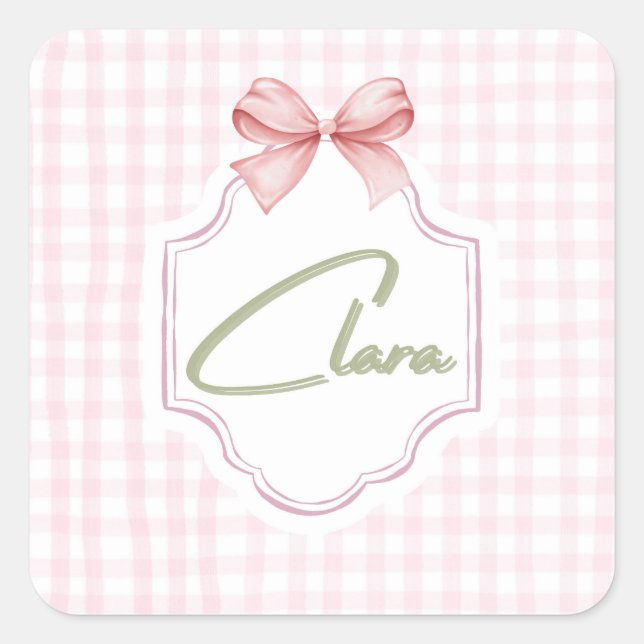 Personalized Clara Baby Girl Nursery Bow&Gingham Square Sticker (Front)