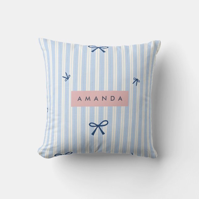 Personalized Classic Blue Pastel Striped Bow Cushion (Front)