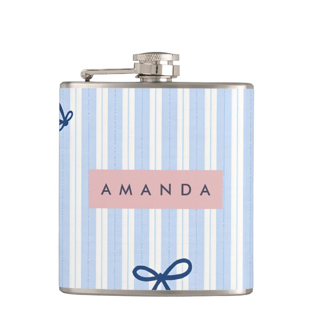 Personalized Classic Blue Pastel Striped Bow Hip Flask (Front)