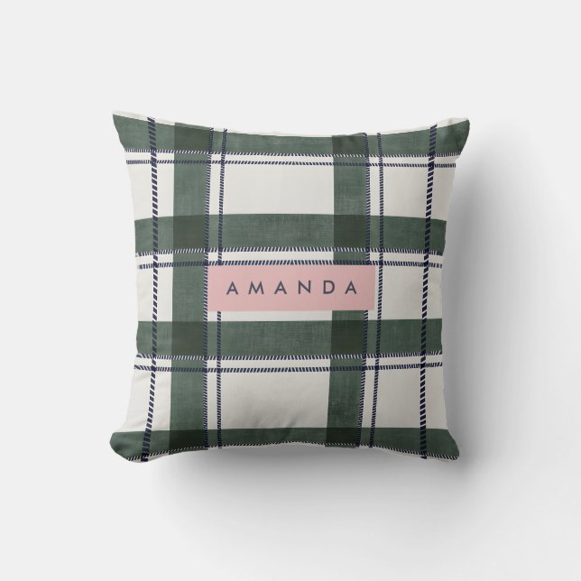 Personalized Classic Forest Green and Navy Plaid  Cushion (Front)