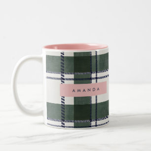 Personalized Classic Forest Green and Navy Plaid  Two-Tone Coffee Mug