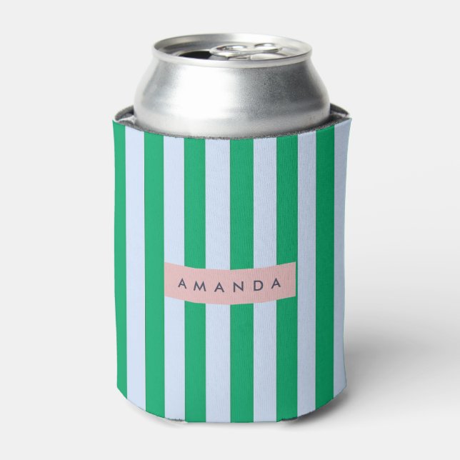 Personalized Classic Green and White Striped Can Cooler (Can Front)