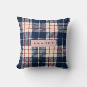 Personalized Classic Navy and Red Plaid Cushion
