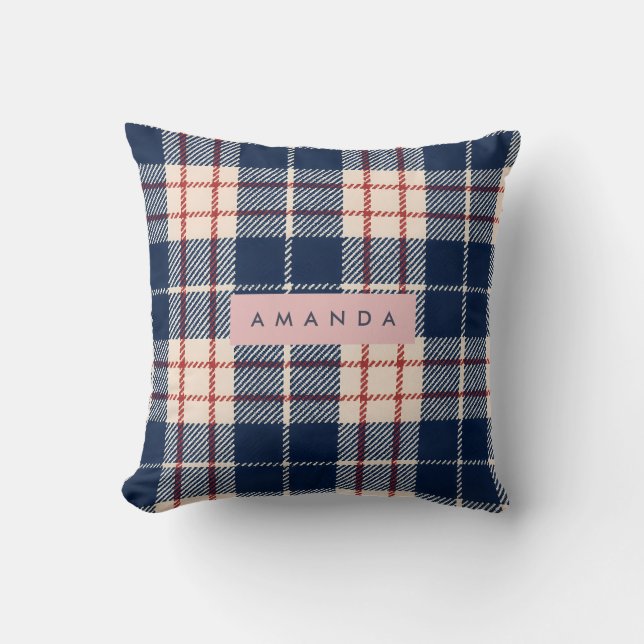 Personalized Classic Navy and Red Plaid Cushion (Front)