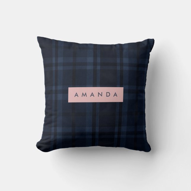 Personalized Classic Navy Blue Plaid Pattern Cushion (Front)