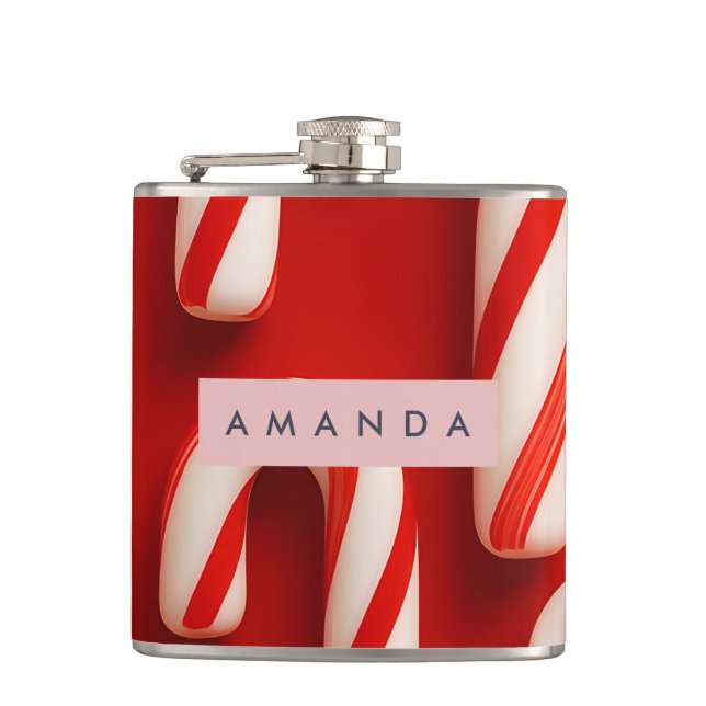 Personalized Classic Red and White Candy Cane Hip Flask (Front)