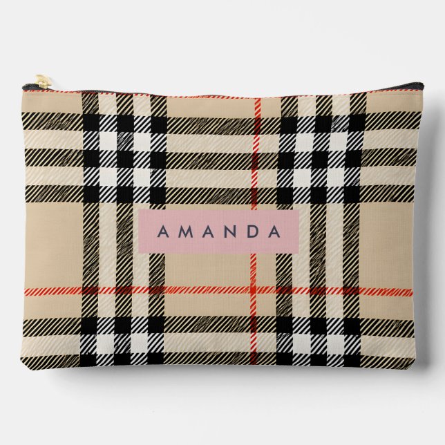 Personalized Classic Tan, Black & Red Plaid Accessory Pouch (Front)