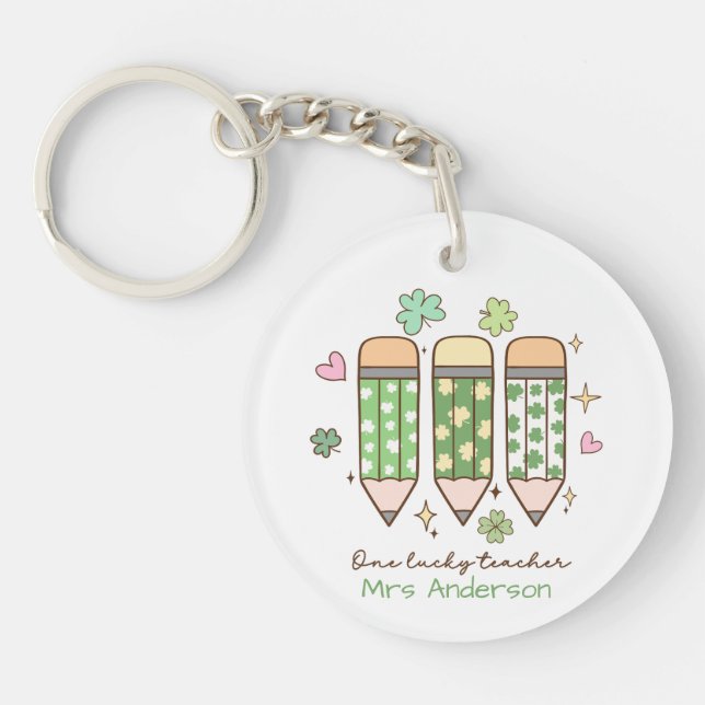 Personalized Clover One Lucky Teacher Pencil  Key Ring (Front)