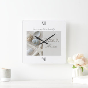 Personalized Coastal Seashell Beach House Decor Square Wall Clock