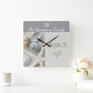 Personalized Coastal Seashell Gift for Beach House Square Wall Clock