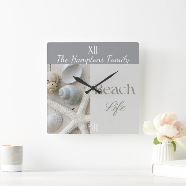 Personalized Coastal Seashell Gift for Beach House Square Wall Clock (Home)