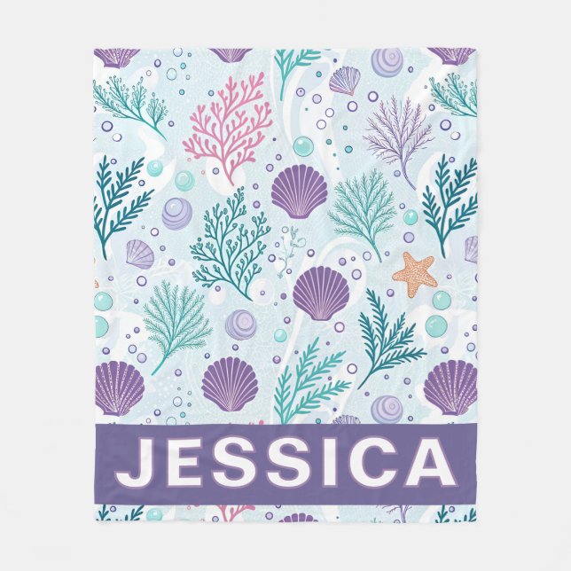 Personalized Coastal Seaweed Shells Ocean Fleece Blanket (Front)