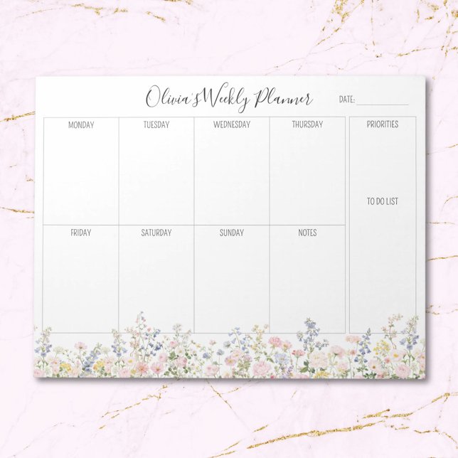 Personalized Colorful Flower Floral Weekly Planner Notepad (Close up)