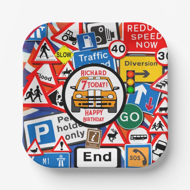 Personalized Colourful Road Signs, Birthday Party Paper Plate (Front)