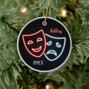 Personalized Comedy and Tragedy Masks Neon  Ceramic Tree Decoration