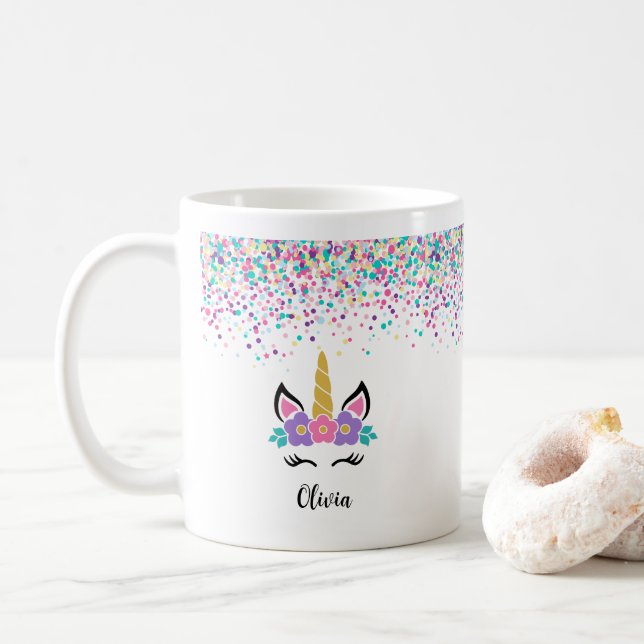 Personalized Confetti Unicorn Mug – Polka Dot mug (With Donut)