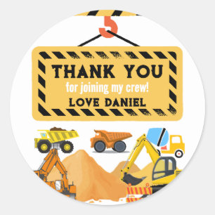 Personalized Construction Birthday Theme Thank You Classic Round Sticker