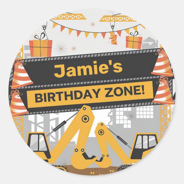 Personalized Construction Birthday Zone Design Classic Round Sticker (Front)