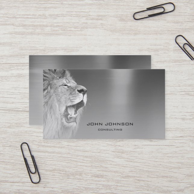 Personalized Consulting Lion Silver Metallic Steel Business Card (Front/Back In Situ)
