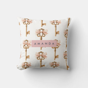 Personalized Coquette Pattern Gold Key & Pink Bow Cushion