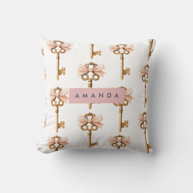 Personalized Coquette Pattern Gold Key & Pink Bow  Cushion (Front)