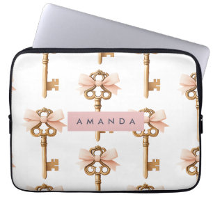 Personalized Coquette Pattern Gold Key & Pink Bow Laptop Sleeve