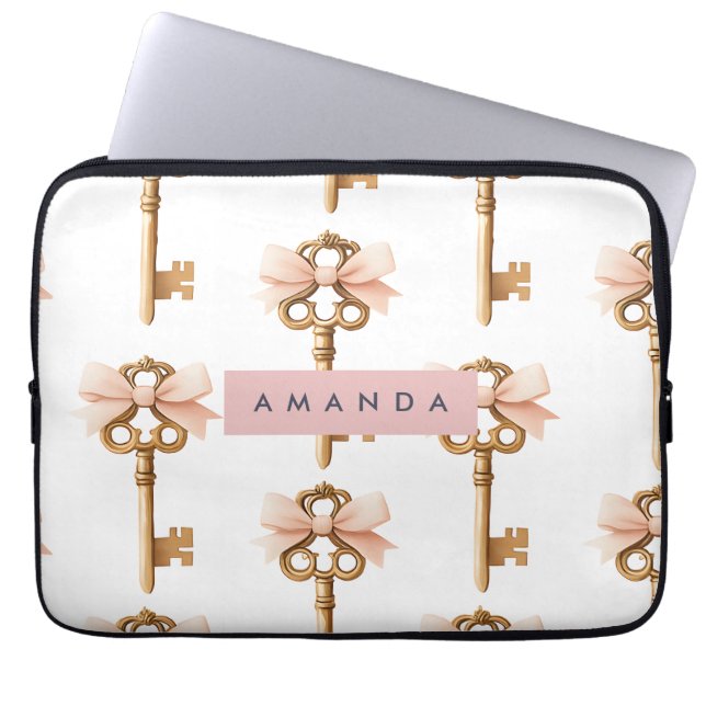 Personalized Coquette Pattern Gold Key & Pink Bow  Laptop Sleeve (Front)